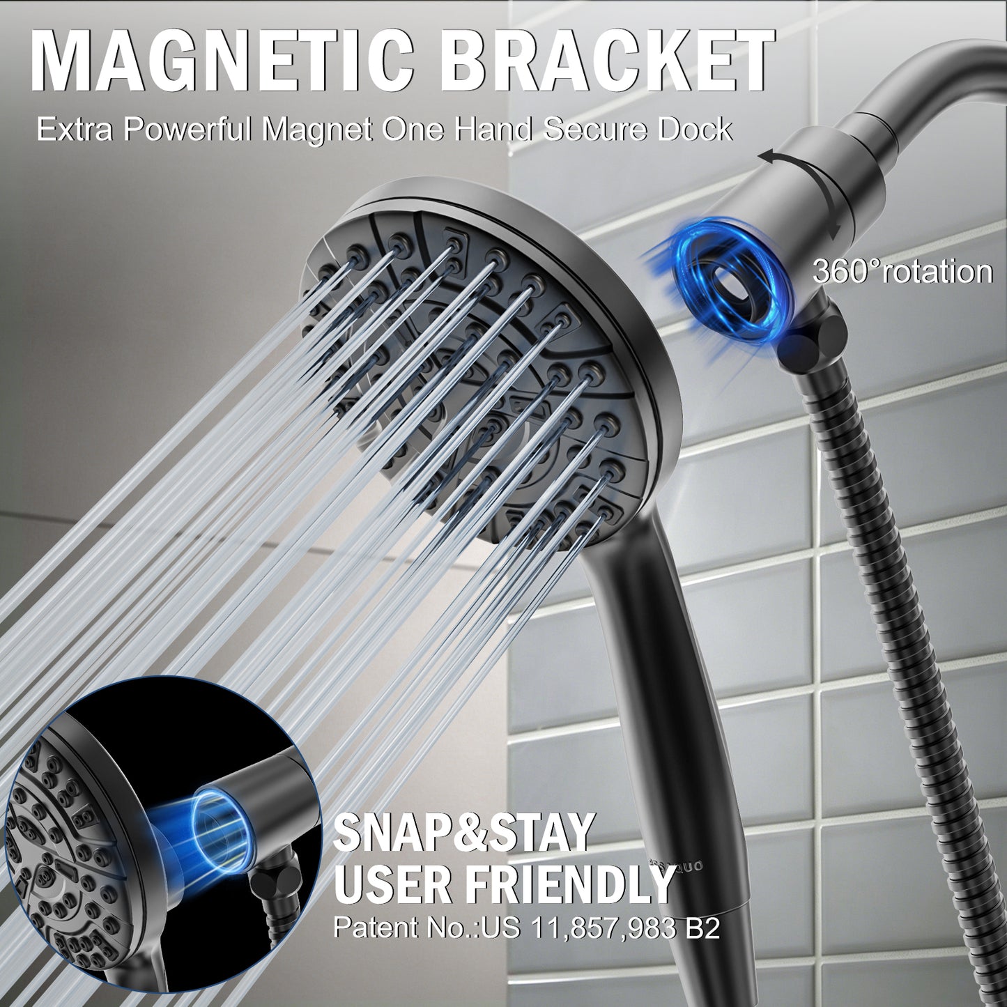 BESAQUO 9 Settings High Pressure Magnetic Handheld Shower Head & Power Wash | Black