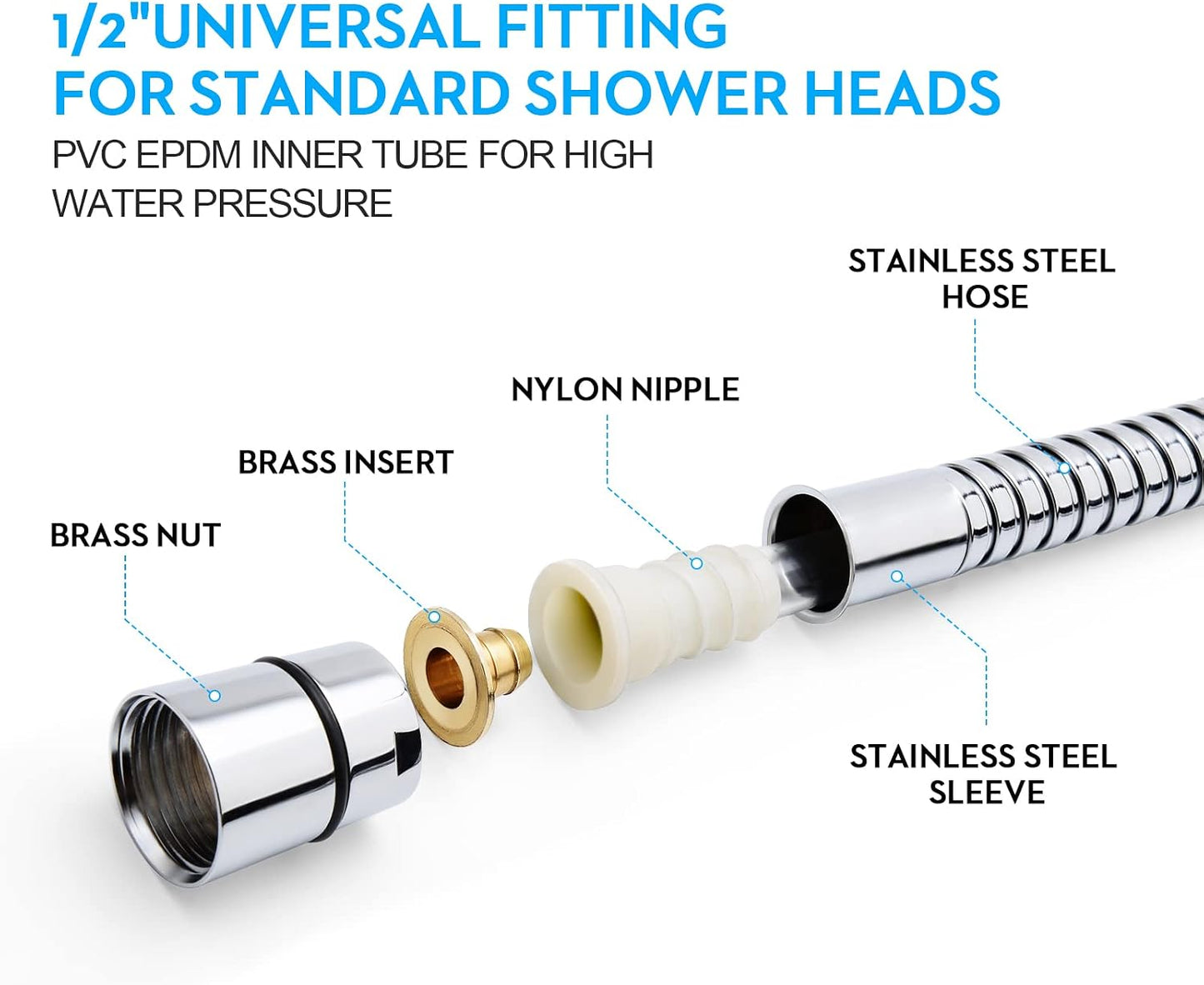 BESAQUO 6ft Extra Long Stainless Steel Handheld Shower Head Hose | Chrome
