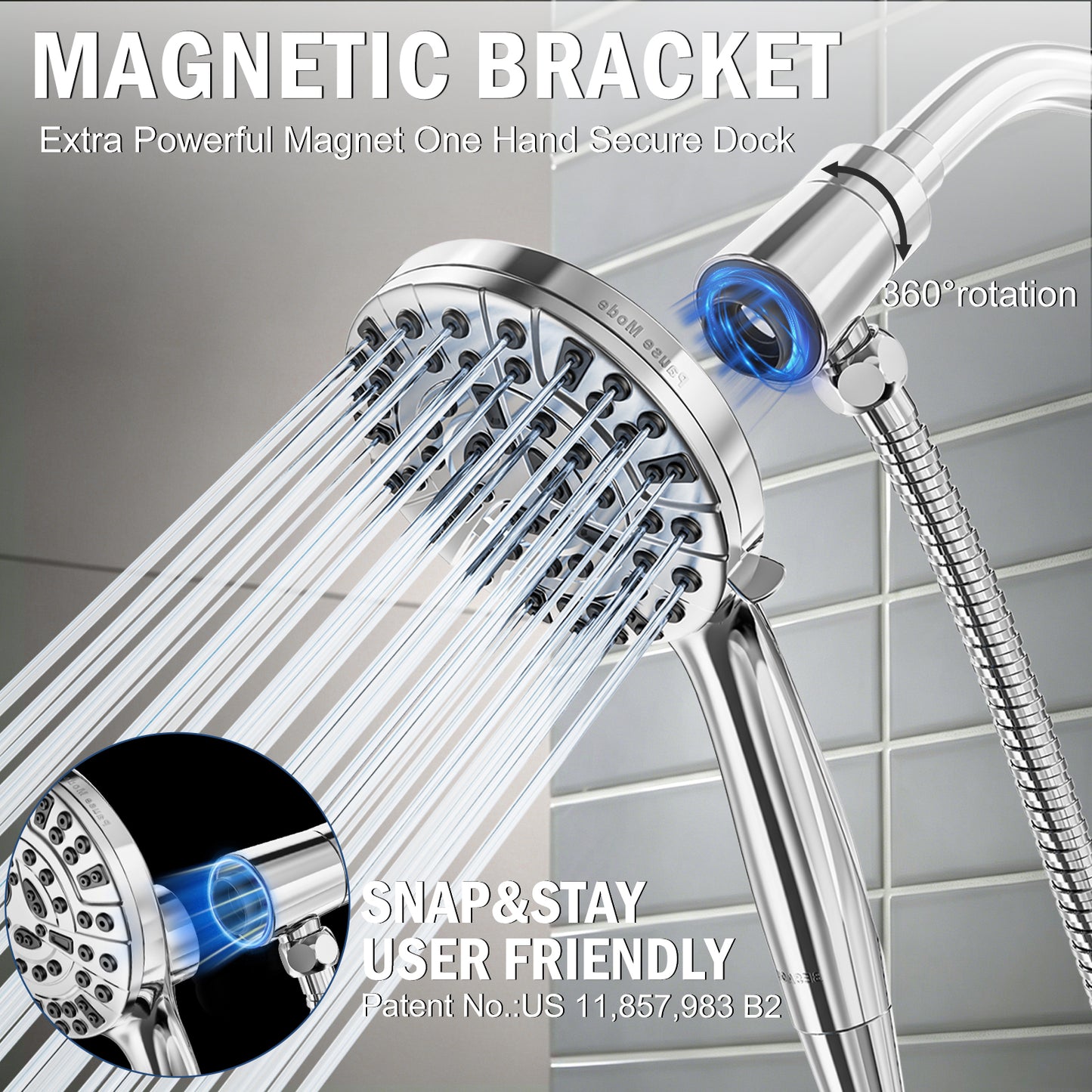 BESAQUO 9 Settings High Pressure Magnetic Handheld Shower Head & Power Wash | Chrome