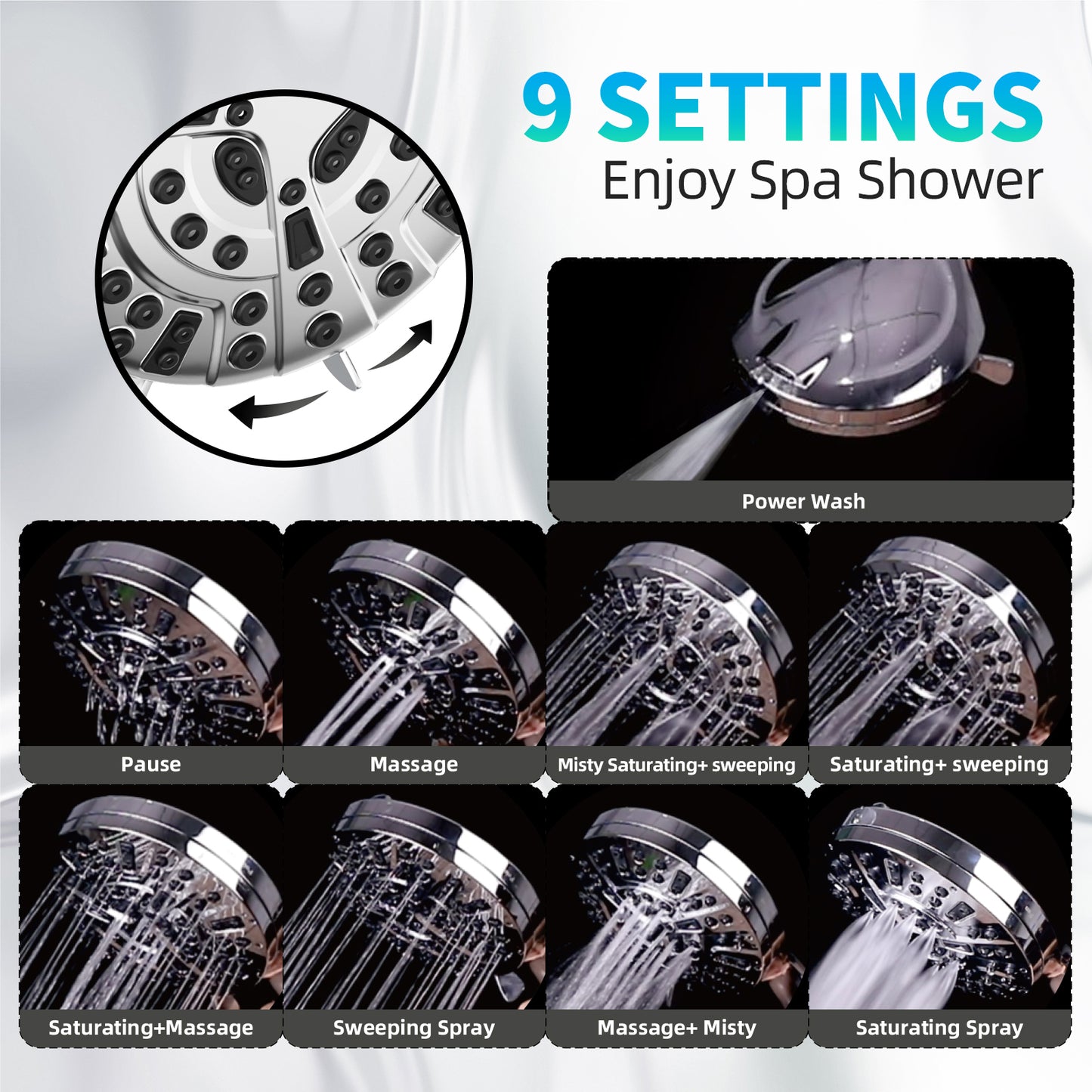 BESAQUO 9 Settings High Pressure shower head with handheld, Built-in Pause Mode &  Power Wash