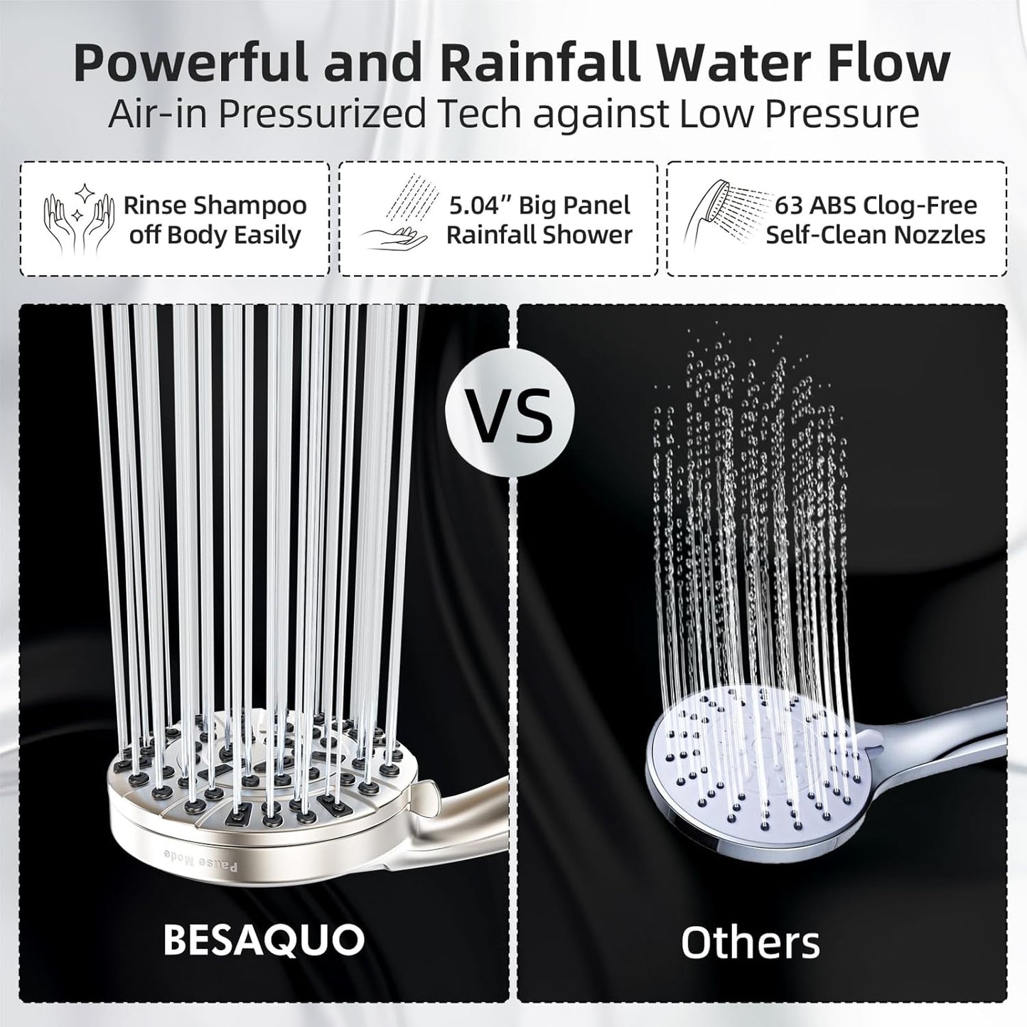 BESAQUO 9 Settings High Pressure Handheld shower head & Power Wash, Pause Mode | Nickel