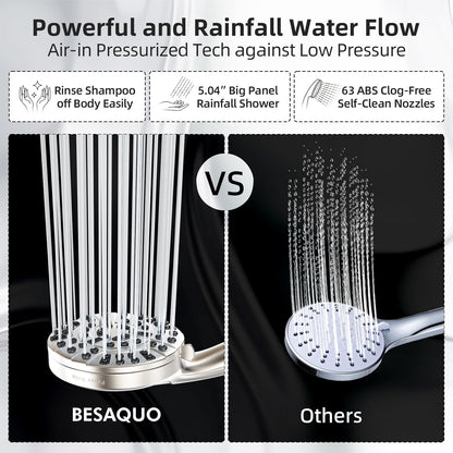 BESAQUO 9 Settings High Pressure Handheld shower head & Power Wash, Pause Mode | Nickel