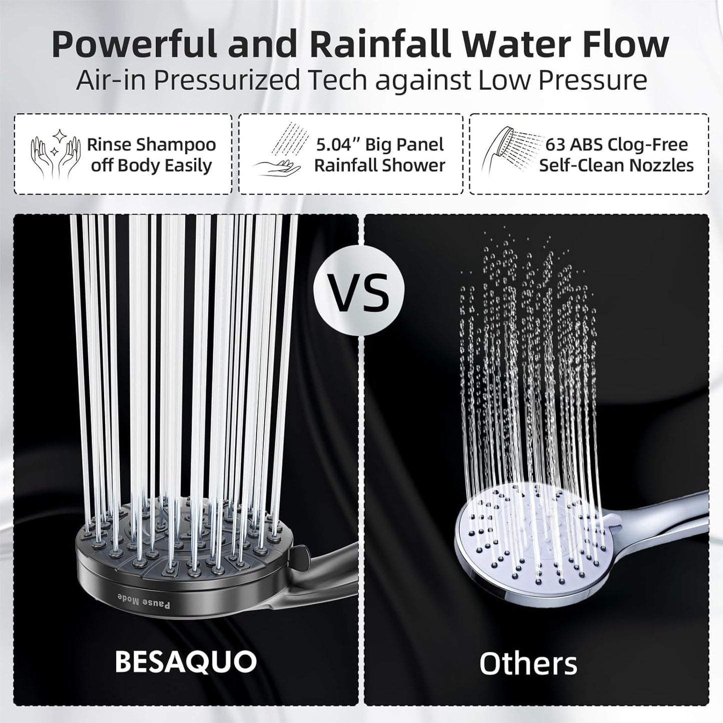BESAQUO 9 Settings High Pressure Handheld shower head & Power Wash, Pause Mode | Black