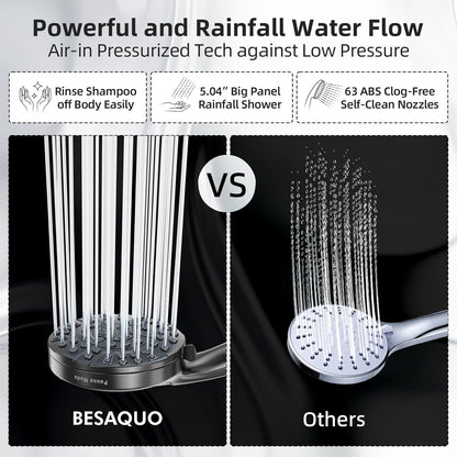BESAQUO 9 Settings High Pressure Handheld shower head & Power Wash, Pause Mode | Black
