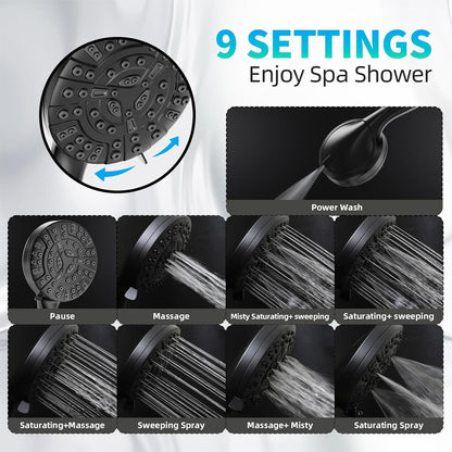 BESAQUO 9 Settings High Pressure Handheld shower head & Power Wash, Pause Mode | Black