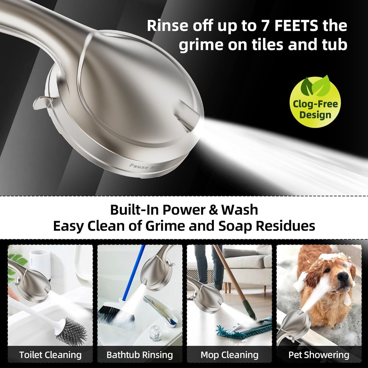 BESAQUO 9 Settings High Pressure Handheld shower head & Power Wash, Pause Mode | Nickel