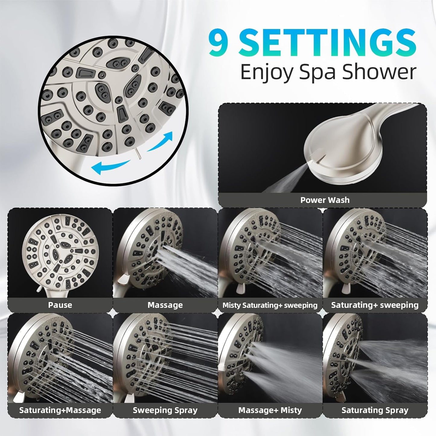 BESAQUO 9 Settings High Pressure Handheld shower head & Power Wash, Pause Mode | Nickel