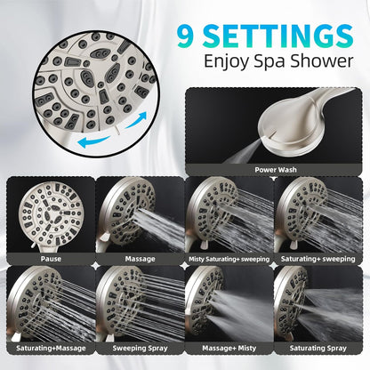 BESAQUO 9 Settings High Pressure Handheld shower head & Power Wash, Pause Mode | Nickel