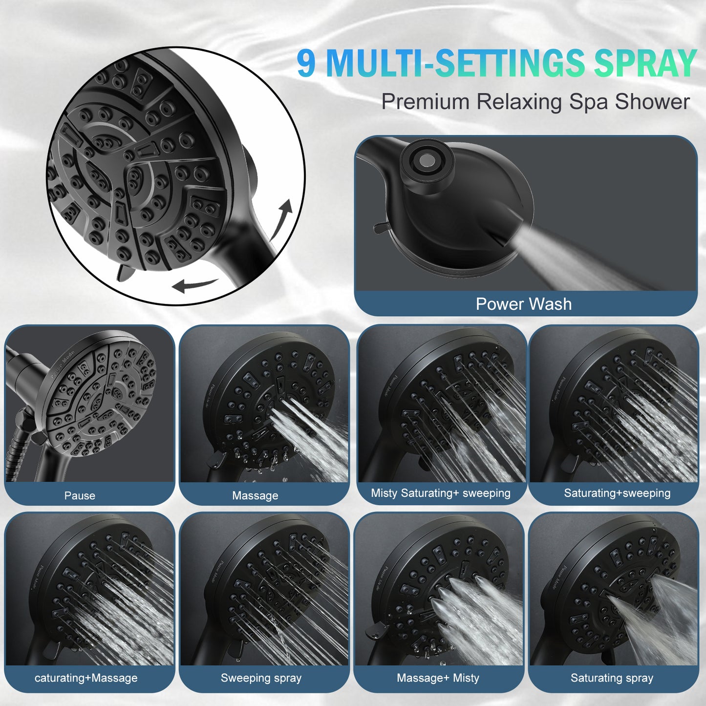 BESAQUO 9 Settings High Pressure Magnetic Handheld Shower Head & Power Wash | Black