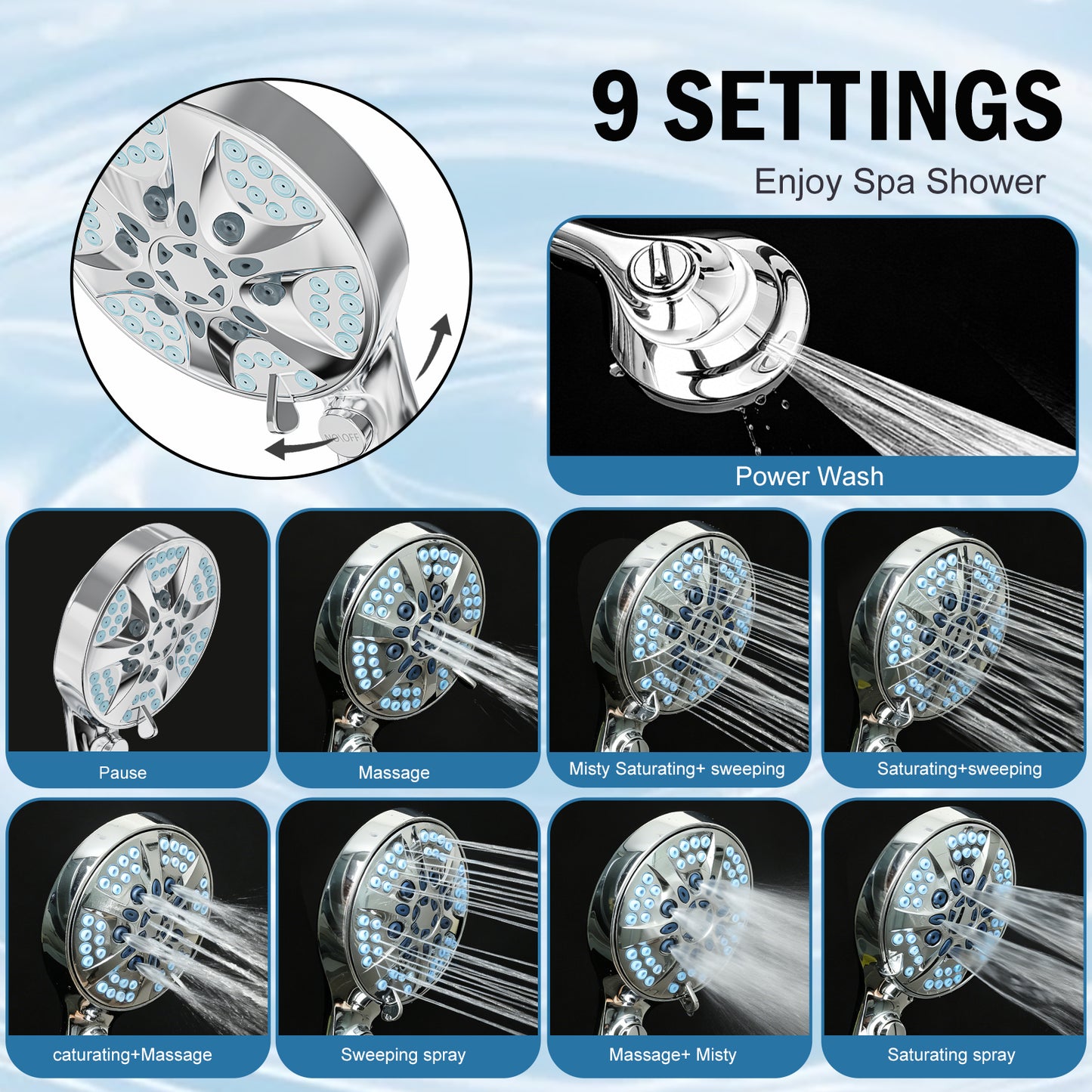 BESAQUO 9 Settings High Pressure Filtered Handheld Shower head & Power Wash | Chrome