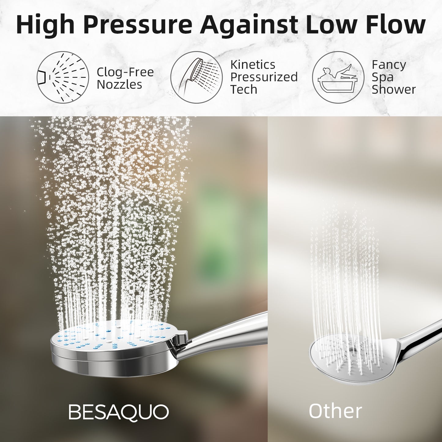 BESAQUO 全金属 3 档按摩设置淋浴喷头带手持装置